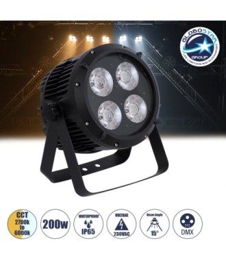 GloboStar® 51119 TYPHON Επαγγελματική Κεφαλή PAR DMX512 200W AC 220V-240V - SPOT - 15° OSRAM LED Αδιάβροχη IP65 - CCT Θερμό Λευκό 2700K - Φυσικό Λευκό 4500K - Ψυχρό Λευκό 6000K - Μαύρο - L23.2 x W22 x H33cm